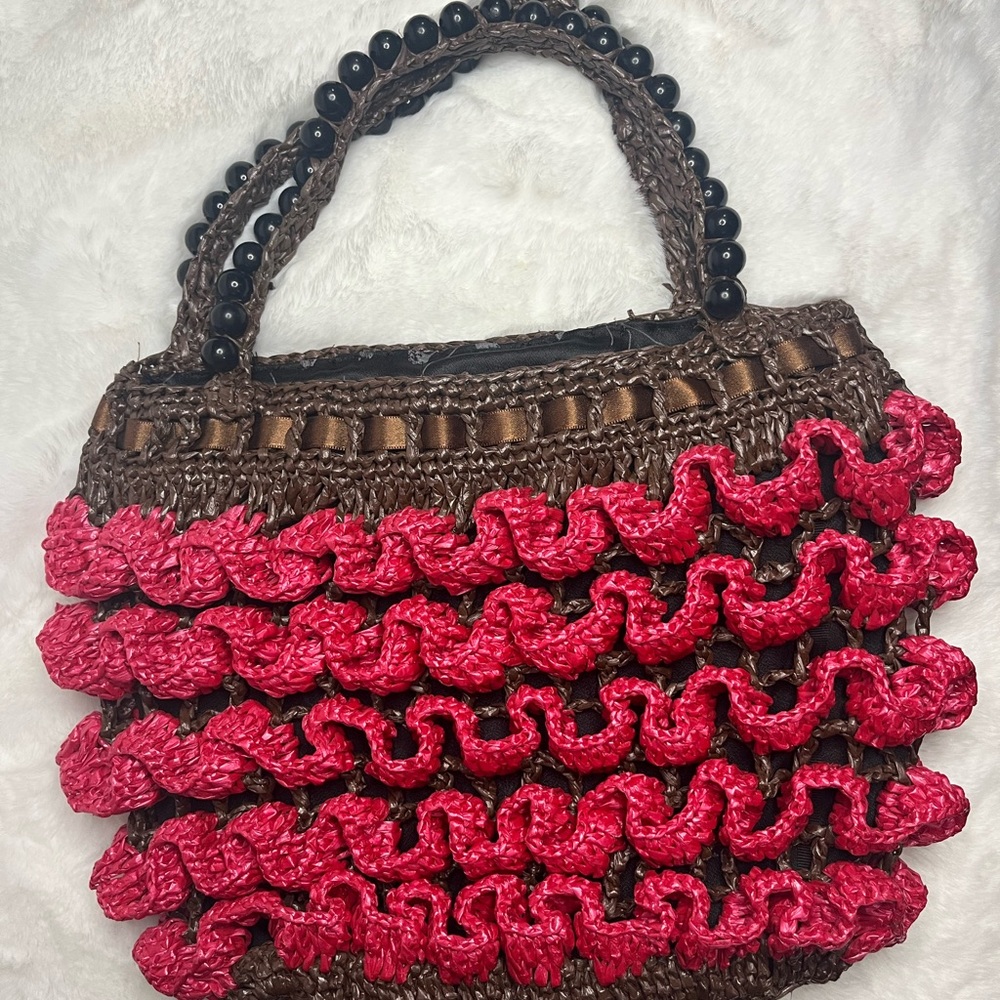 Unique Elegant Brown and Pink Woven Shoulder Bag with Silky Fabric Inside